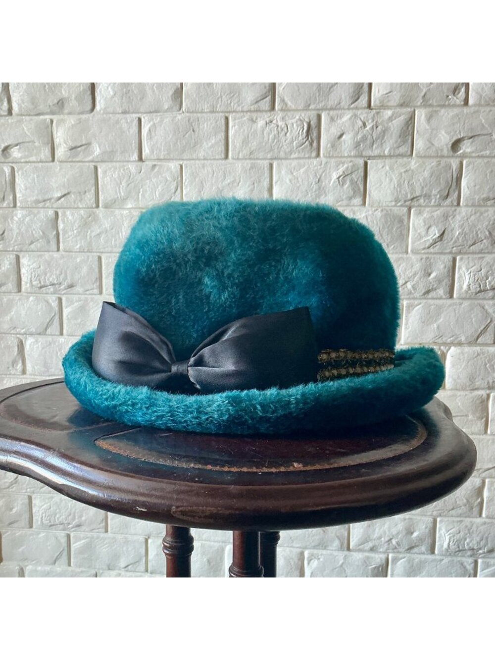 Vintage 1960s Duchess Italian Blue Faux Fur Bucket Hat + Ribbon Bow Applique